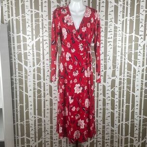 Old Navy Long Sleeve Knit True Wrap Midi Dress Red Floral NEW S Tall